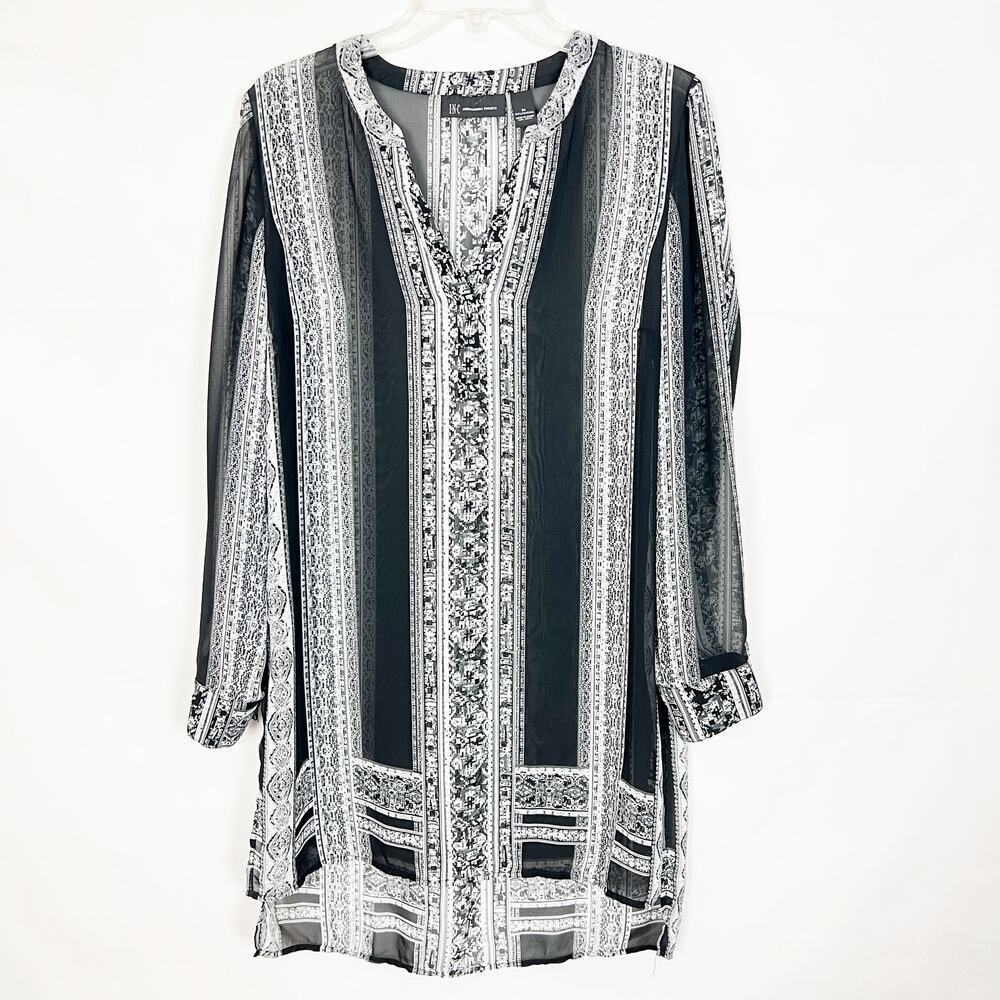 INC Boho Striped Tunic Black/Gray Chiffon Dress Size M